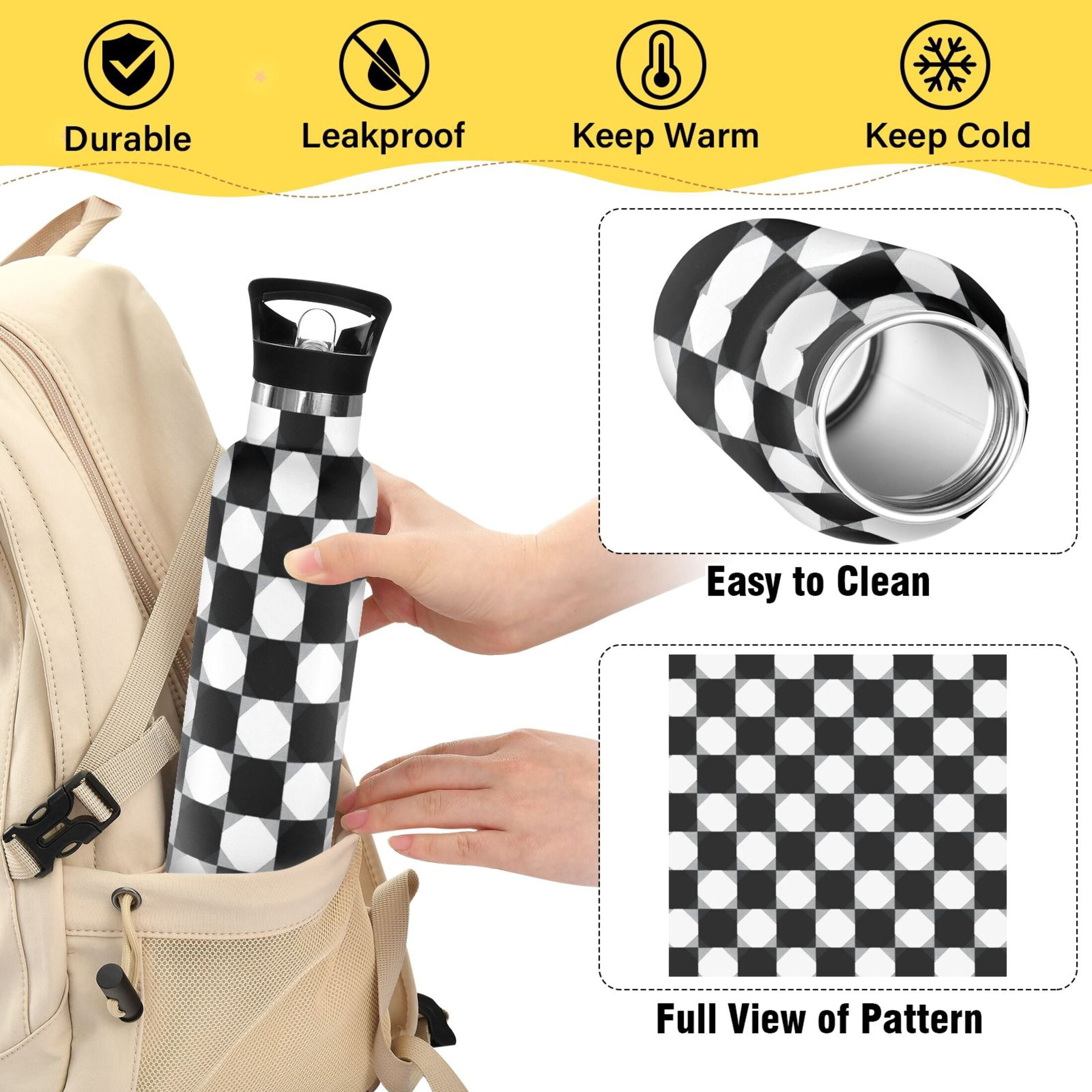 Kids Insulated Stainless Steel Sports Water Bottle 600ml (20oz), BPA-Free Black and White Gingham Pattern