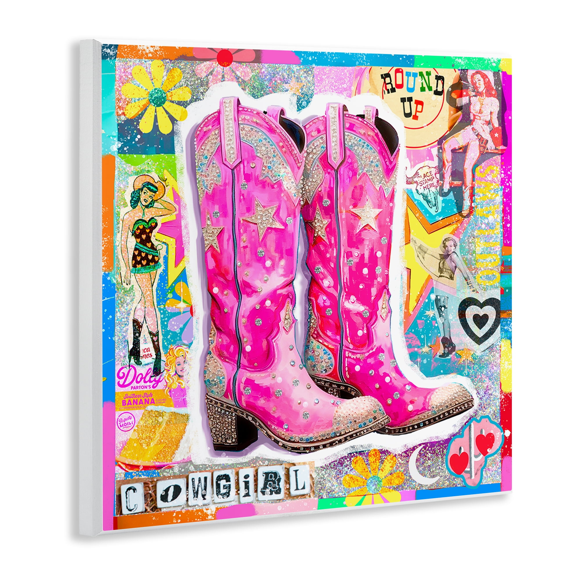 Stupell Industries Groovy Vintage Cowgirl Collage Abstract Painting Unframed Art Print Wall Art, 12 x 12