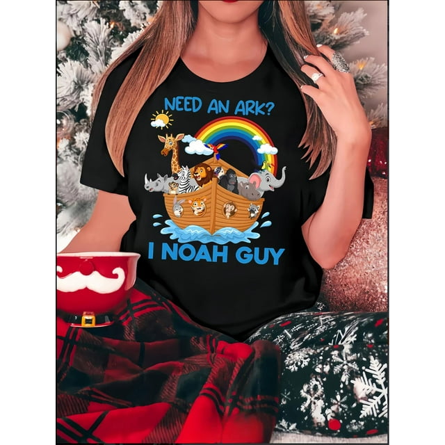 T-Shirt Imprimé Animal Arche de Noé pour Femmes - "Need an Ark? I Noah Guy" Design, Col Rond Confortable Manches Courtes, Mélange de Polyester Doux, Parfait pour Tenue Décontractée Ou Fête des Pères