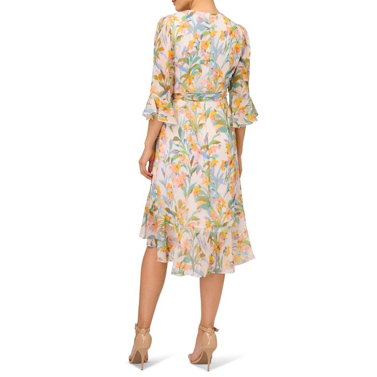 Adrianna Papell Day Floral Print Surplice V Neck 3 4 Sleeve Faux