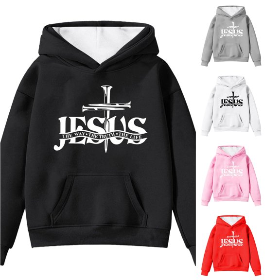 JAJAHO Jesus Hoodies For Boys Girls Letter Printed Long Sleeve Kids Sweatshirts Loose Fit Pullover Tops 4-14Y