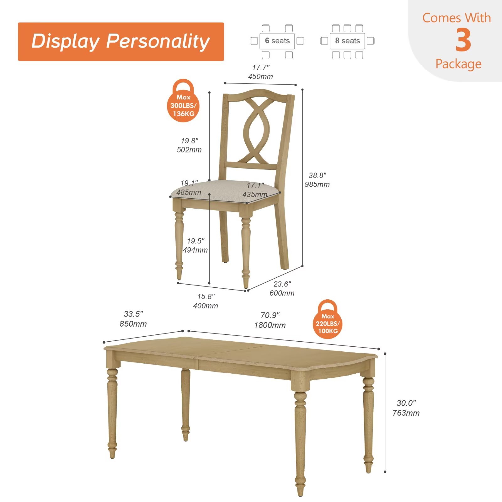 5 Piece Dining Table Set for 4-6 People - Includes One Dining Table, 4 Cross Back Dining Chairs, Rustic Dining Set for Kitchen, Oak