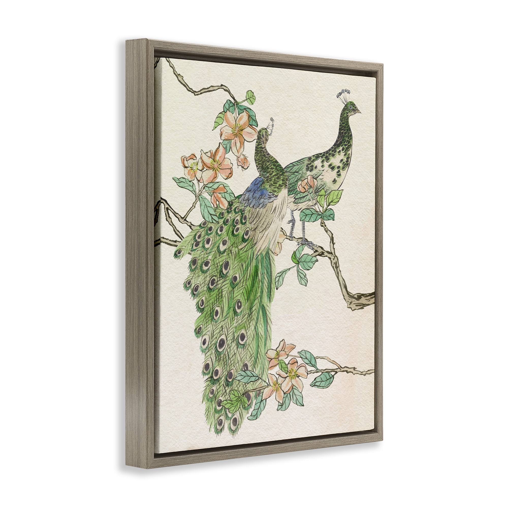 Stupell Industries Peacock Pair on Branch Animals & Insects Painting Brown Floater Framed Canvas Art Print Wall Art, 17 x 21