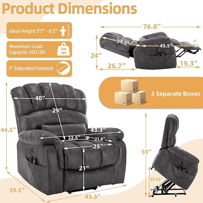 Tall Man Oversized Dual Motor Power Lift Recliner w/Heat Massage, Large Lay Flat Sleeper Electric Recliner with Extended Footrest for Elderly, Lumbar Pillow, USB & Type-C Ports, Gray