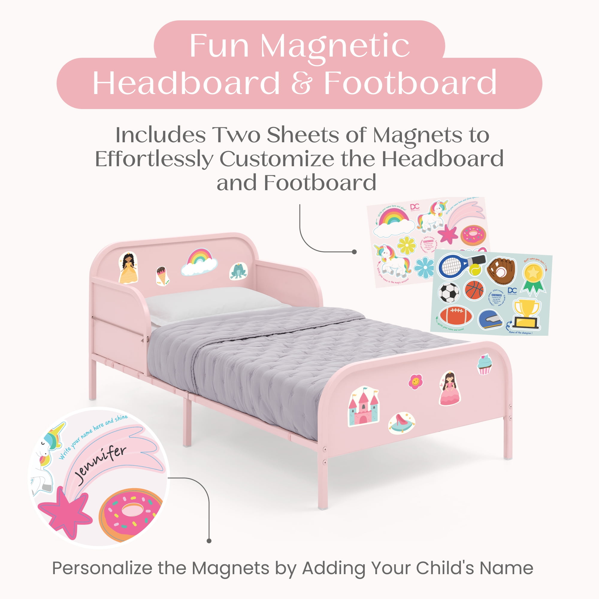 Delta Children Magic Magnet Toddler Bed with Customizable Magnets & Built-In Book Storage, Pink