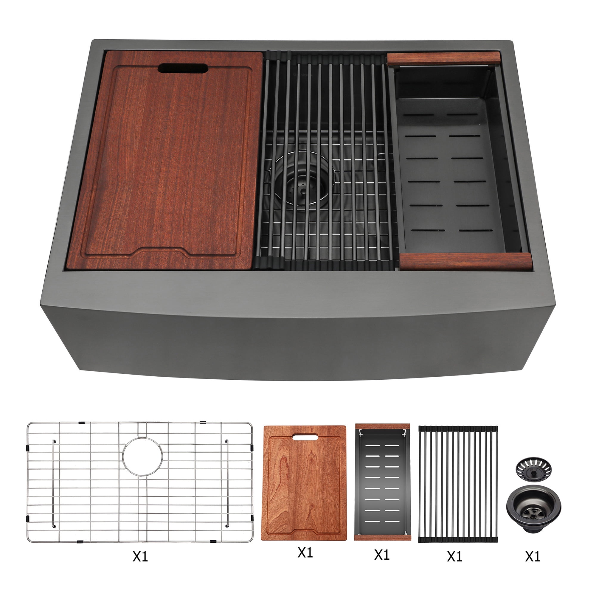 Izzovium 33x22x10" Farmhouse Apron Single Bowl Stainless Steel Kitchen Sink with Workstation, Matte Black, Integrated Ledge for Accessories & Multifunctional Workspace