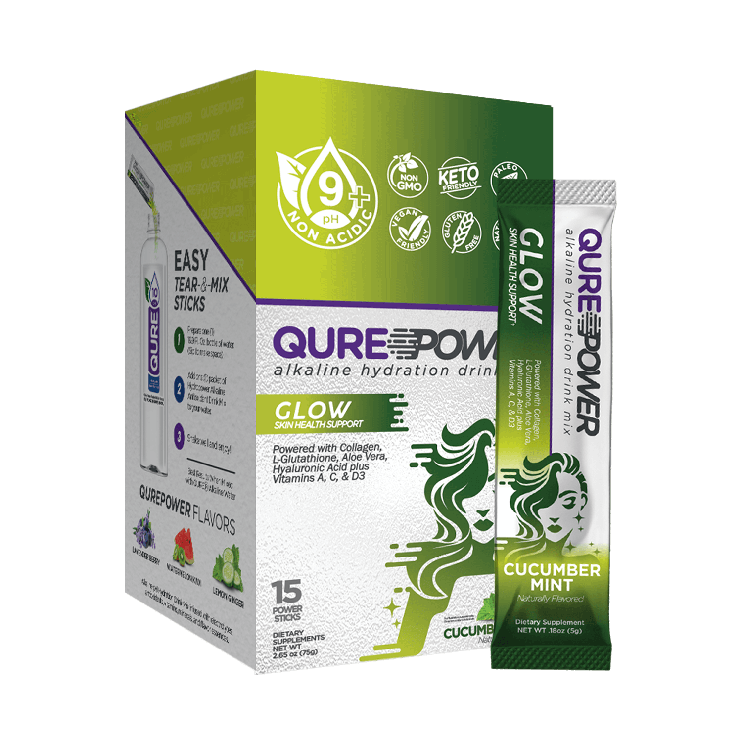QURE Power Glow Alkaline Hydration Mix Skin Health Support Cucumber and Mint Flavor