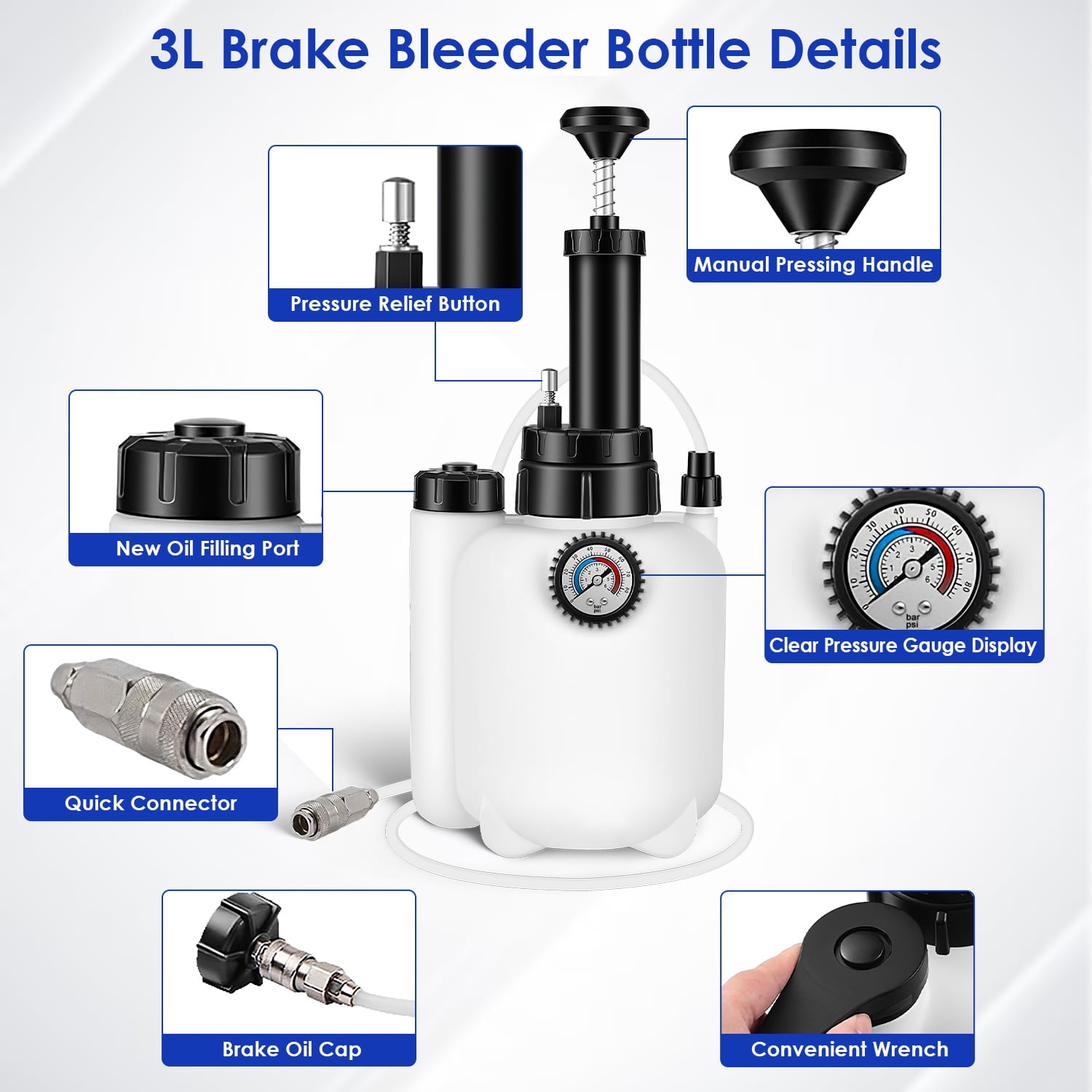 TeqHome 3L Manual Brake Bleeder Kit One Person Brake Bleed Vacuum Pump Kit for Various Vehicles 1L Waste Oil Bottle 4 Master Cylinder Adapters Gloves Funnel