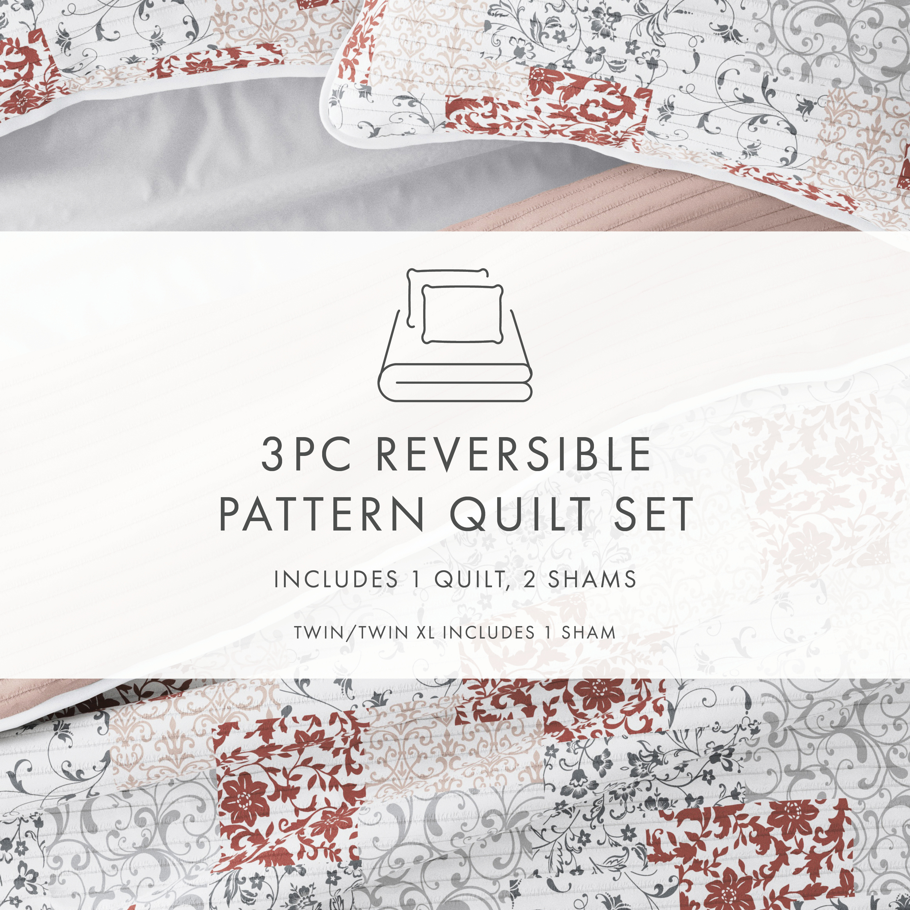 Noble Linens Blush 3 Piece Scrolled Patchwork Reversible Microfiber Quilt Set, Twin / Twin XL