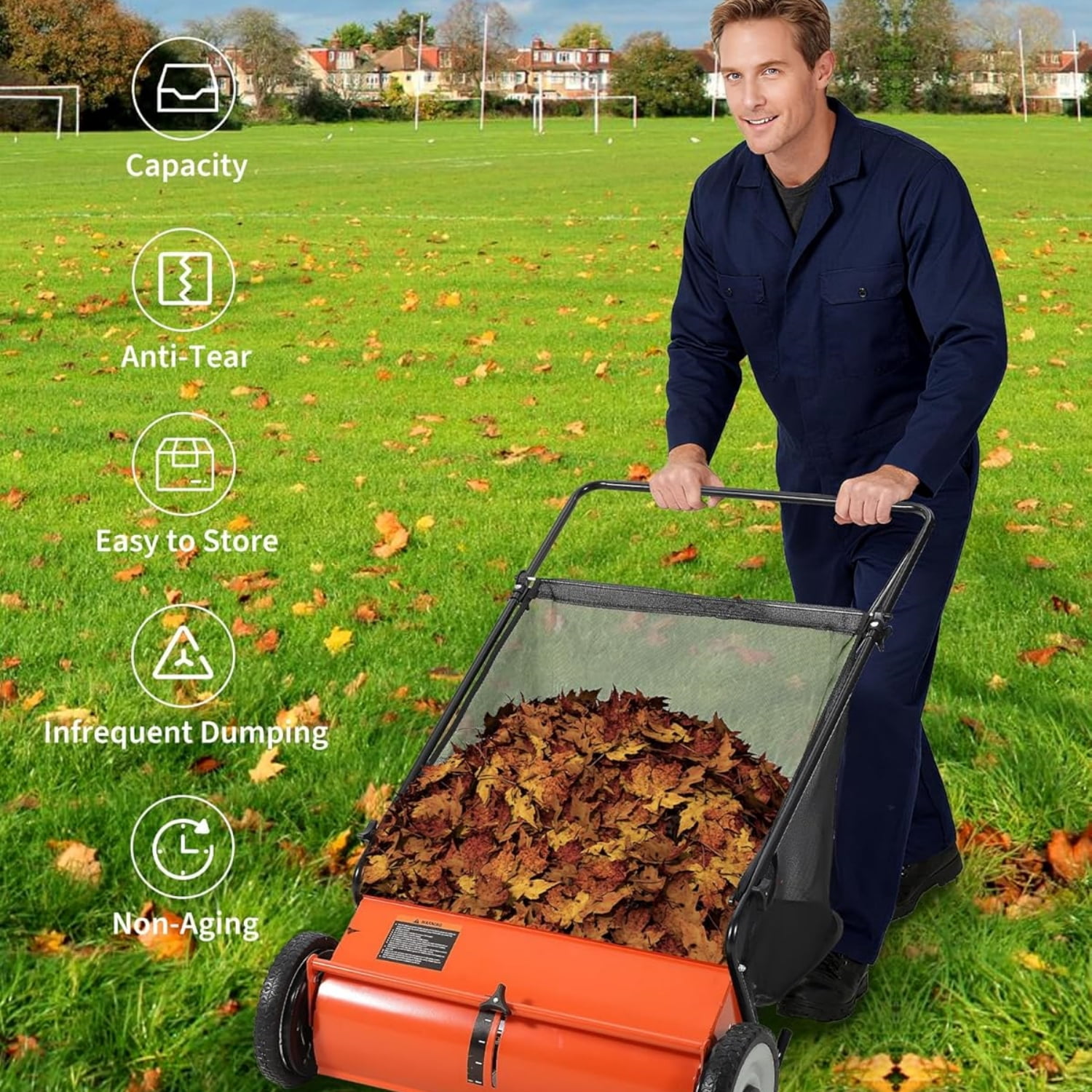 Riedhoff 26" Push Lawn Sweeper,4 Spinning Brushes, 7 Cu. Ft Capacity Collection Bag, Adjustable Height, Orange