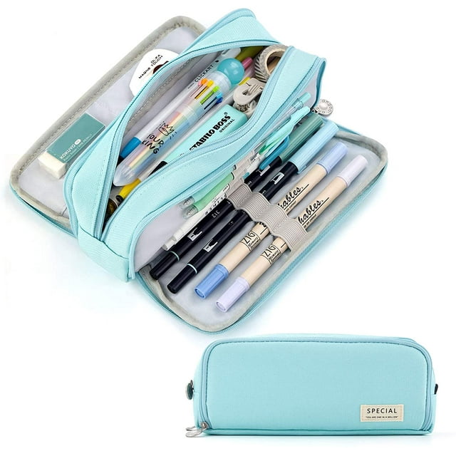 Estuche para lápices de gran capacidad, 3 compartimentos, regalo para estudiantes, niñas, adultos y mujeres (azul claro)
