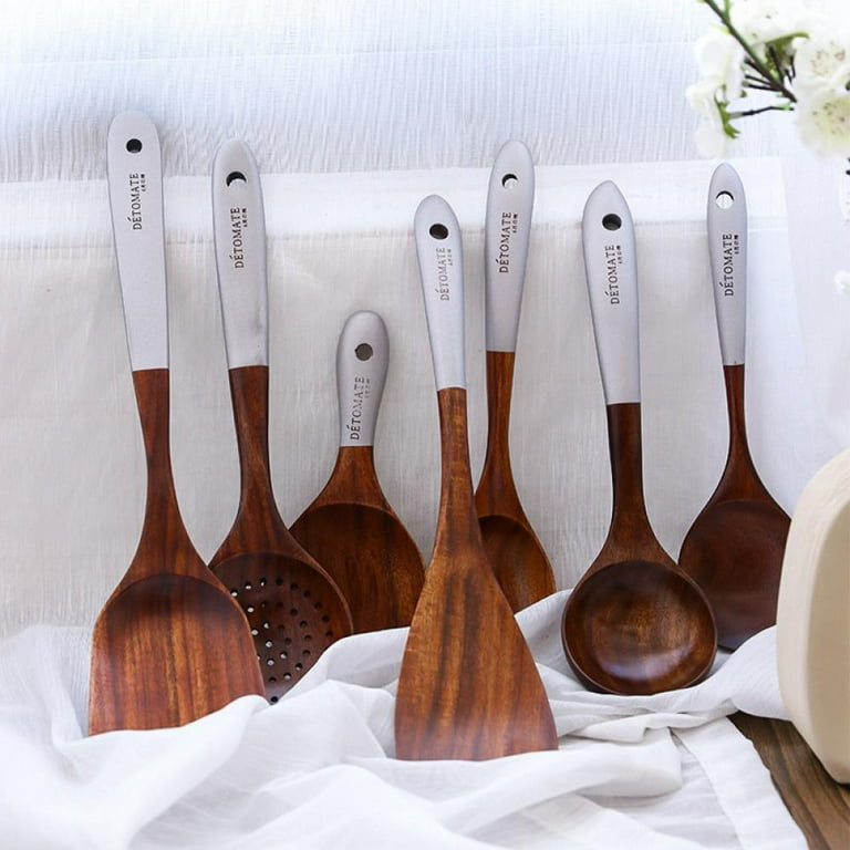 5 pcs Wooden Kitchen Utensils Set, Wooden Spoons Natural Spurtle Set for  Non-stick Pan Kitchen Tool Ladle and Wok Spatulas