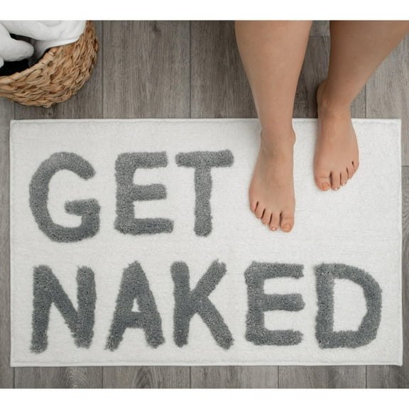 Get Naked Bath Mat - White Get Naked Rug - Cute Bath Mat - Fun Bath Mat - Cool Bathroom Stuff - Funny Bathroom Decor - Sign for Bathroom Rugs - White and Grey Bathroom Accessories - Machine Washable V