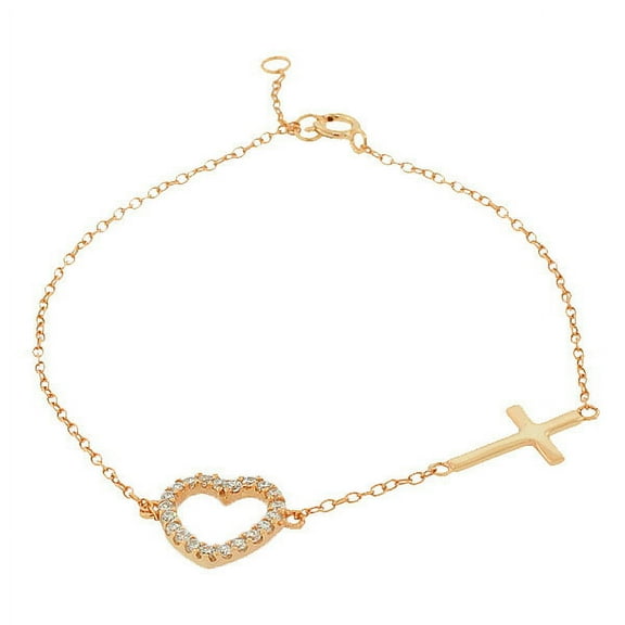 925 Sterling Silver Rose Gold-Tone Love Heart Cross Charm White CZ Link Chain Bracelet