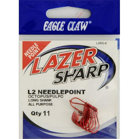 Lazer Sharp L2RGH-6 Octopus Long Shank Hook, Red, Size 6, 11 Pack