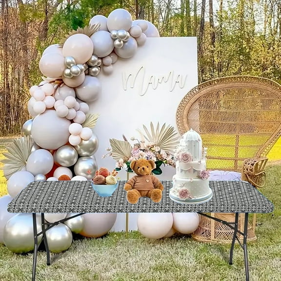 Grey Spandex Picnic Table Cloth, Elastic Fitted Tablecloths for 6 Foot Rectangle Tables, Stretch Washable Patio Table Cover for Outdoor, Camping, Banquet and Parties