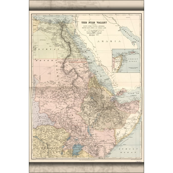 24"x36" Gallery Poster, map of Nile river Valley egypt, Nubia Uganda 1910