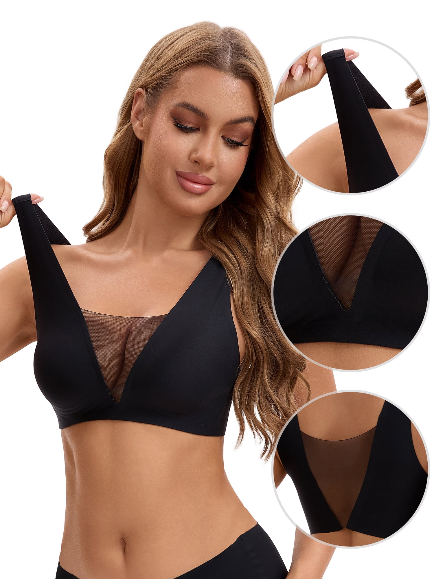 Unique Bargains Women's Deep V Seamless Mesh Plunge Bras Minimizers M Black