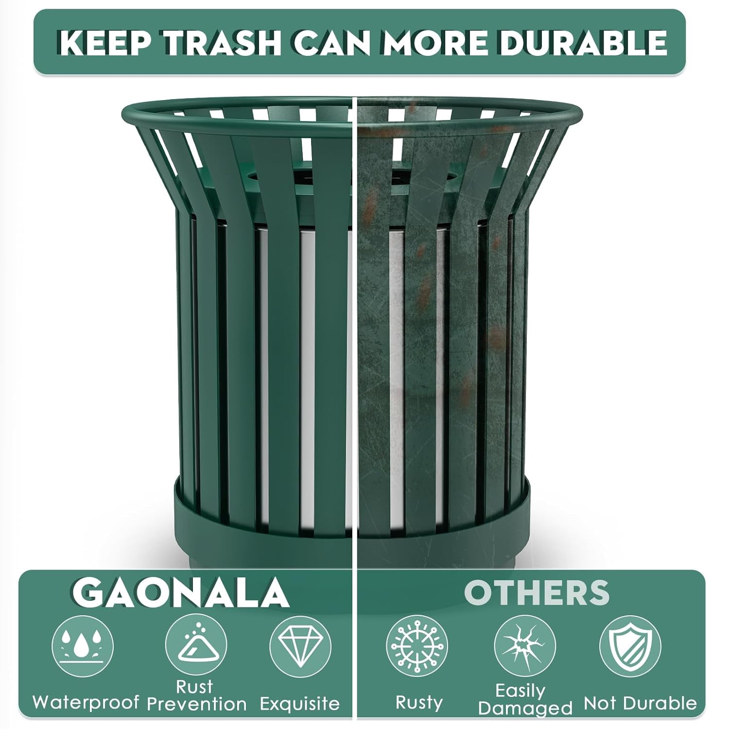 Gaonala Outdoor Metal Slatted Trash Can 30 - 52 Gallon Commercial Grade with Removable Inner Bin Waste Receptacle in Park School Beach Patio(Green)
