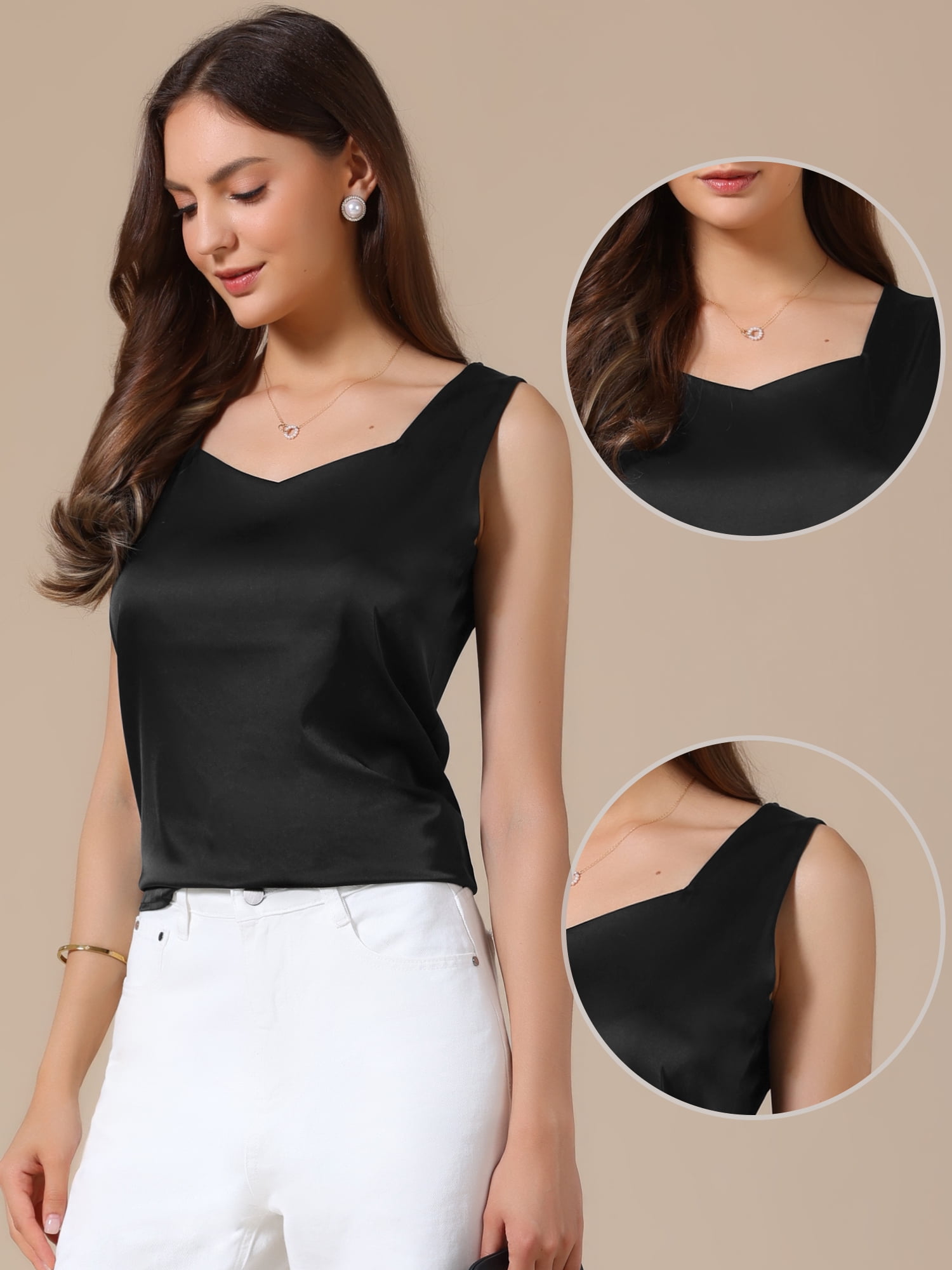 DARING DIVA Women's Satin Tank Tops V Neck Dressy Casual Sleeveless Silk Camisole Top L Black
