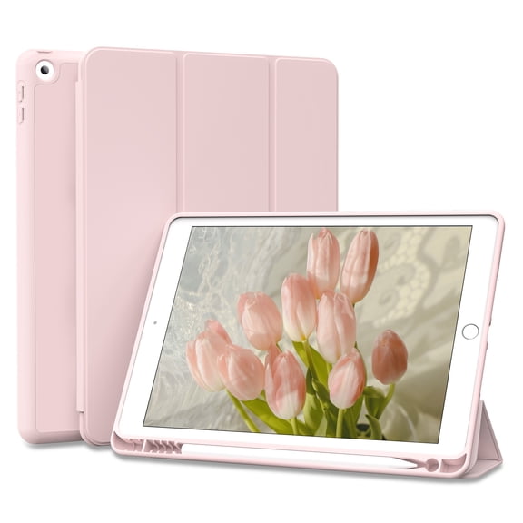 ZKTUYU iPad 9th Generation Case 2021/iPad 8th Generation Case 2020 10.2 Inch with Pencil Holder, iPad 7th Gen 2019 Case with Soft Skin Silicone Back, Auto Wake/Sleep Cover, Pink