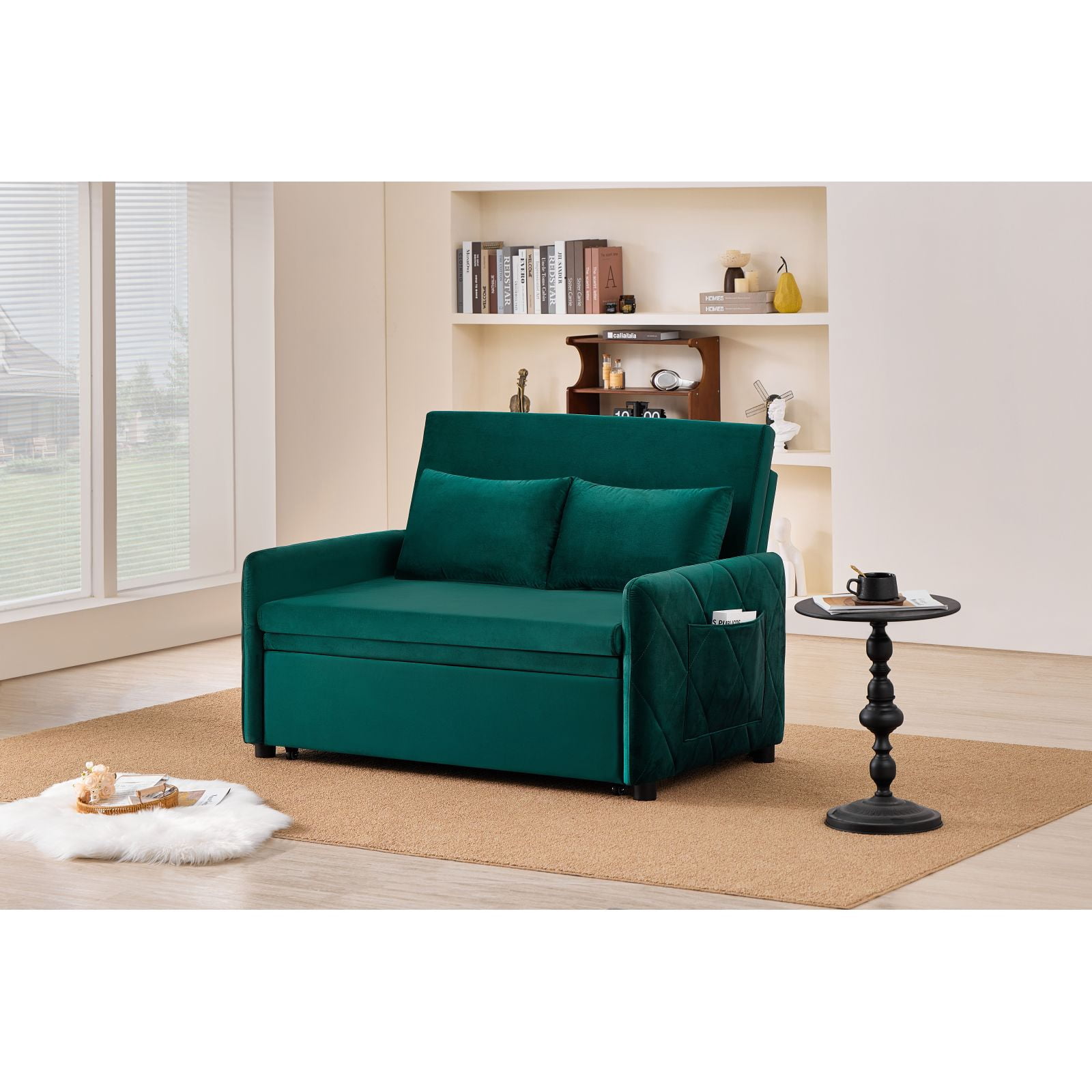 Leumius 3 in 1 Convertible Sleeper Sofa Bed, Modern Convertible Sofa Bed with 5-Position Adjustable Backrest,Velvet Pull Out Couch with Pull Out Bed for Living Room Furniture,Green