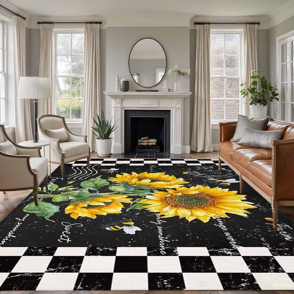 Area Rug for Living Room, Sunflower Black Non-Slip Indoor Large Carpet for Bedroom/Dining Room, Vintage Farm Bee Black White Plaid Washable Low-Profile Rectangle Floor Runner Rugs - 5 x 7 Ft