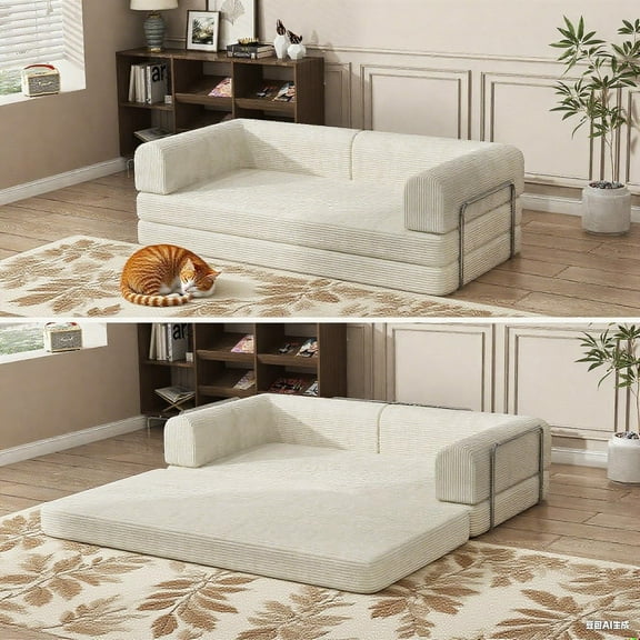 Convertible Corduroy Sleeper Sofa Bed, 3-Seater Folding Futon Mattress Couch with Fixed Frame, No Assembly Fold Out Floor Sofa for Living Room, Dorm, Studio, 78.7" x 39.4" x 29.6", Beige