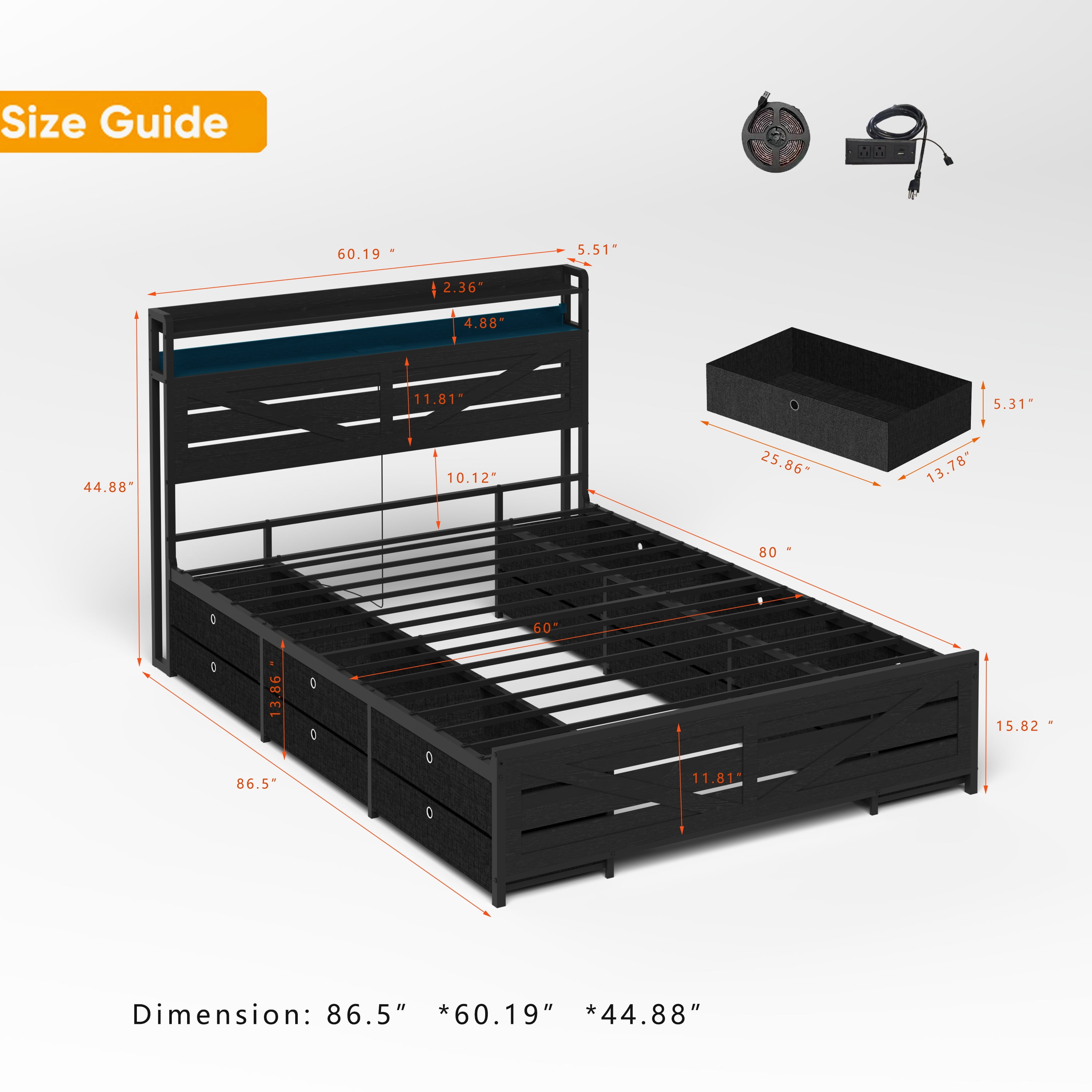Miniyam Queen Size Metal Bed Frame with Storage Drawers, Headboard with Charging Station & LED Lights, Noise-Free Platform Bed, Black