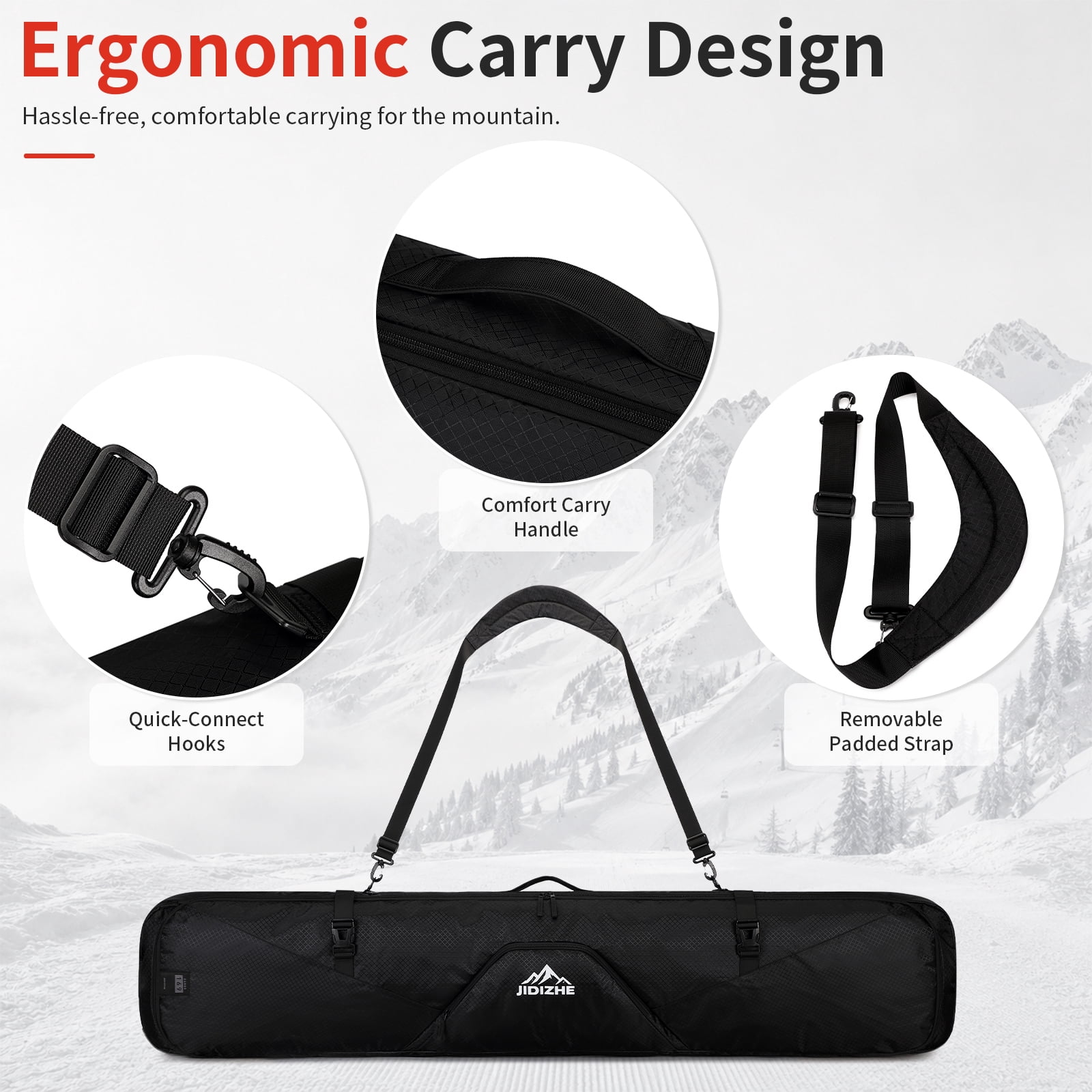 JIDIZHE Ski Bag Waterproof Textured Fabric Lightweight with Detachable Shoulder Strap 66.14 in for Ski Travel, Black