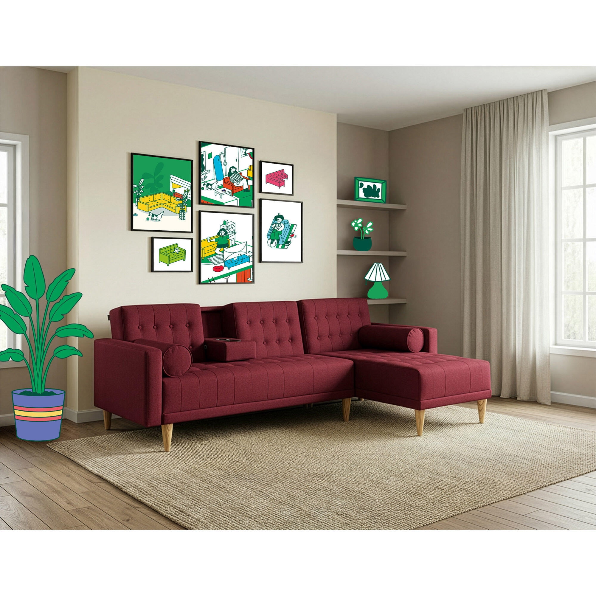 Sala Modular Reversible Makora Tyson Con Memory Foam, Color Rojo, Lino Respaldo Reclinable De 3 posiciones.