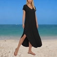 thumbnail image 6 of Summer Maxi Dresses for Women V Neck Cap Sleeve Long Sundress Casual Beach Vacation Split Dress with Pockets, 6 of 6