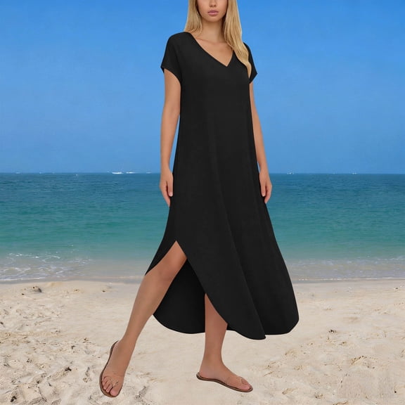 Danhjin Womens Casual Short Sleeve Maxi Dress 2026 V Neck Flowy Loose Long Office Summer Beach Travel Dresses Plus Size Ruched Boho With Pockets