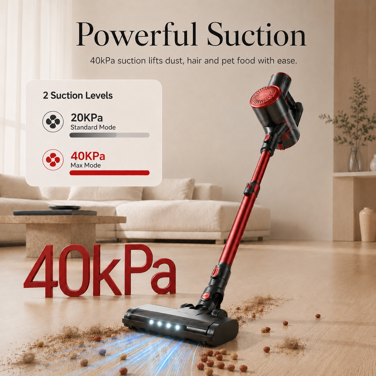 ANSFIL Cordless Stick Vacuum with 40KPA Suction, Red photo 2