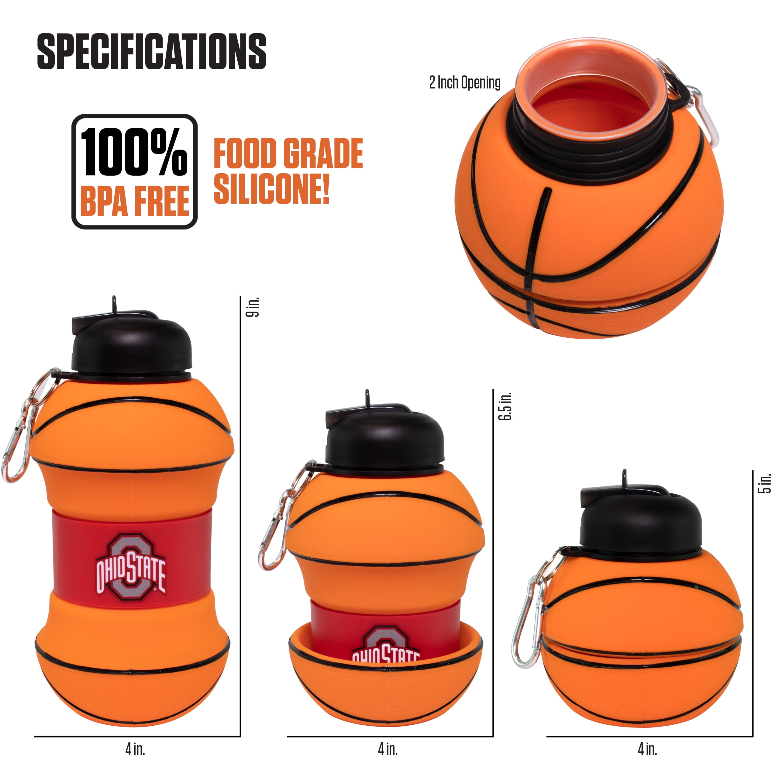 MACCABI ART Ohio State Clip-On Collapsible 1 Liter, 34 oz. size BPA-Free Silicone Basketball Large Water Bottle for Kids