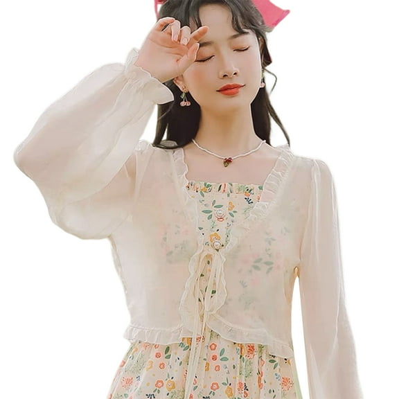 Women Puff Long Sleeve Chiffon Tie Front Cropped Cardigans Ruffle Trim Lightweight Sheer Shawl Wrap Shrug Blouses