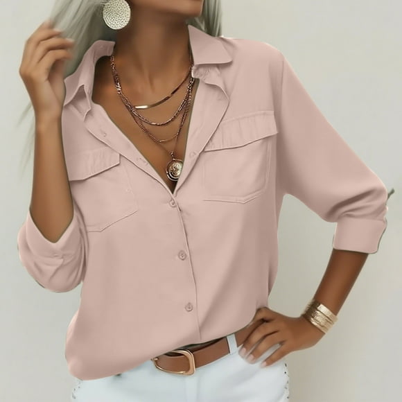 TACILIP Long Sleeve Shirts for Women Button Down Blouse Early Fall Fashion Casual Collared Office Work Shirt with Pocket