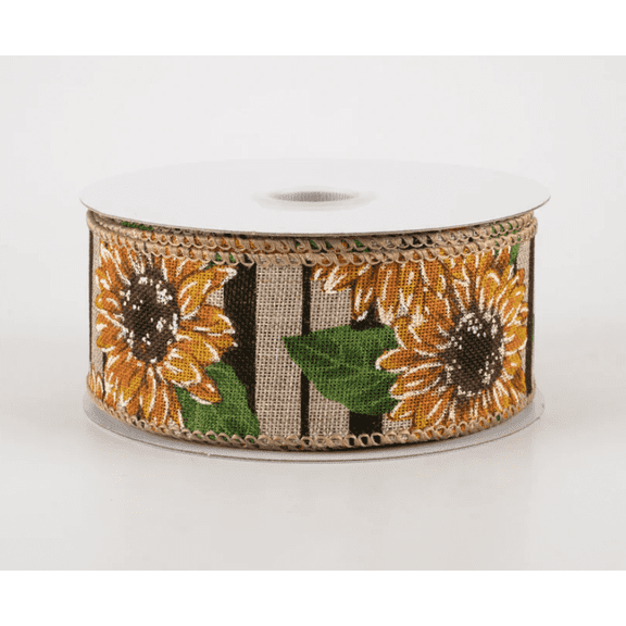 1.5" Sunflowers on Black Striped Linen Ribbon (10 Yards)