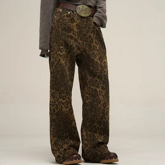 Aloohaidyvio Y2k Pants Leopard Print Pants Straight Leg Jeans Baggy Jeans Oversized Pants Wide Leg Jeans