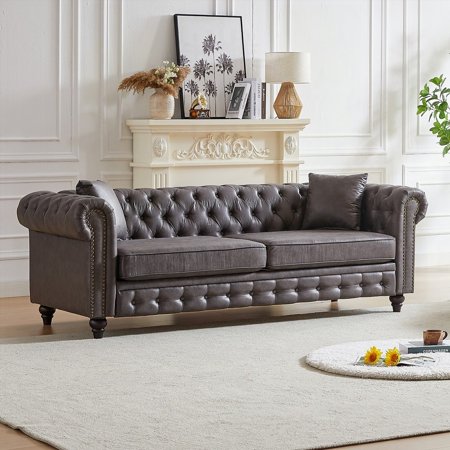 Modern Chesterfield Sofa 85.5" with Tech Fabric for Living Room, 3-Seater with Button Design and 2 Cushions