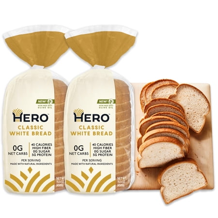 Hero Bread™ Sliced White Bread — Delicious Bread with 0g Net Carb, 0g Sugar, 45 Calories, 10g Fiber per Slice | Tastes Like Regular Bread | Low Carb & Keto Friendly Bread Loaf —15 Slices/Loaf, 2 Loave