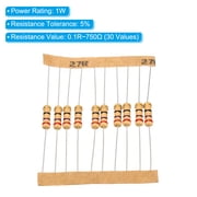 Unique Bargains 1W 0.1R Ohm 750R Ohm 5% Carbon Film Resistor, 30 Values Electronic Components Assortment, 300 Pack