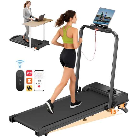 Treadmill with APP,2 in 1 Portable Treadmill with 3-Level Incline,Walking Pad with Handle Bar for Home and Office, 2.5 HP Quiet Walking Jogging Running Machine with LED Display
