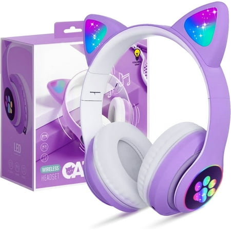 Kids Headphones Cat Ear Wireless Headphones, LED Light Up Bluetooth over on Ear Purple Headphones for Toddler Boy Girl Teen Children with Microphone