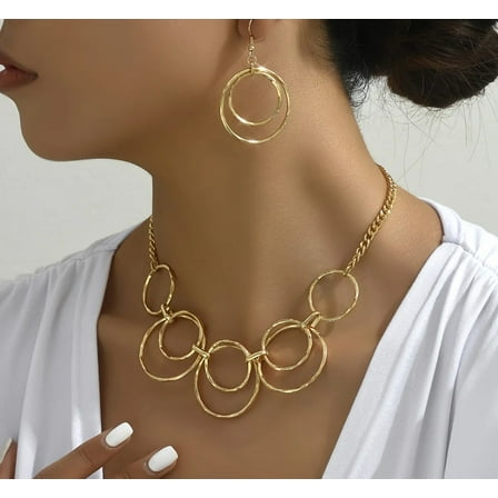 Trendy pierced gold chain hoop necklace and earring set