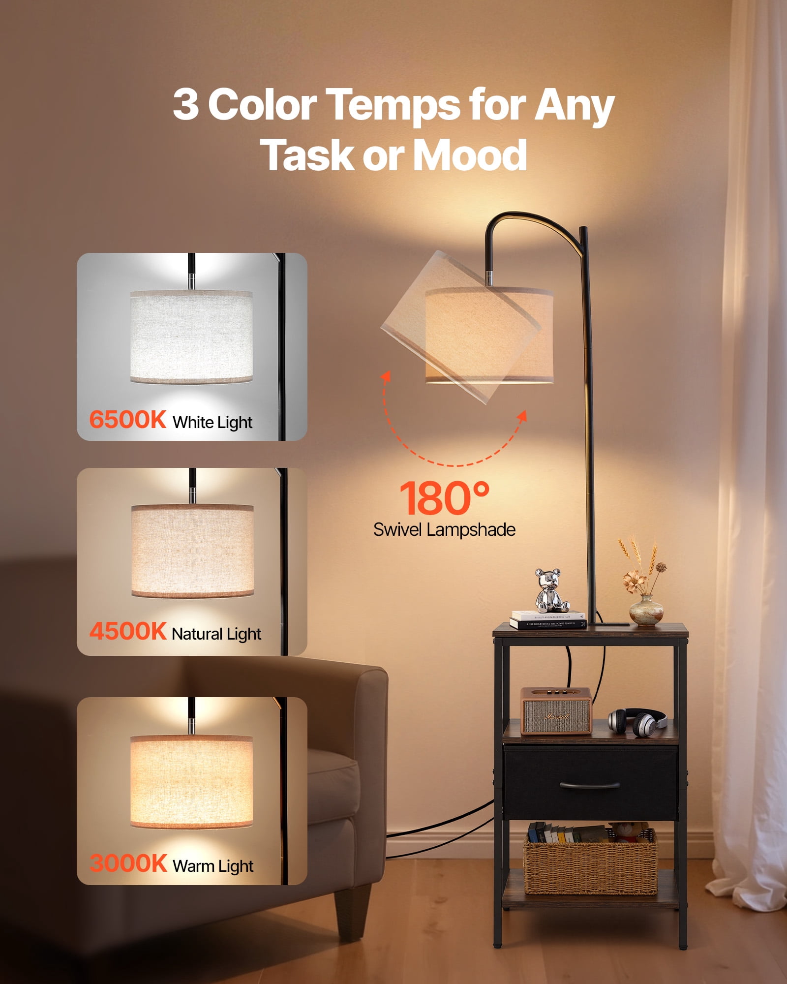 VEVOR Floor Lamp with Table, 3-Tier End Table with Drawer and 3 Color Temperature Lighting, Modern Side Nightstand Bedside Desk with USB & Type C & AC Charging Port for Living Room, Bedroom, Dorm