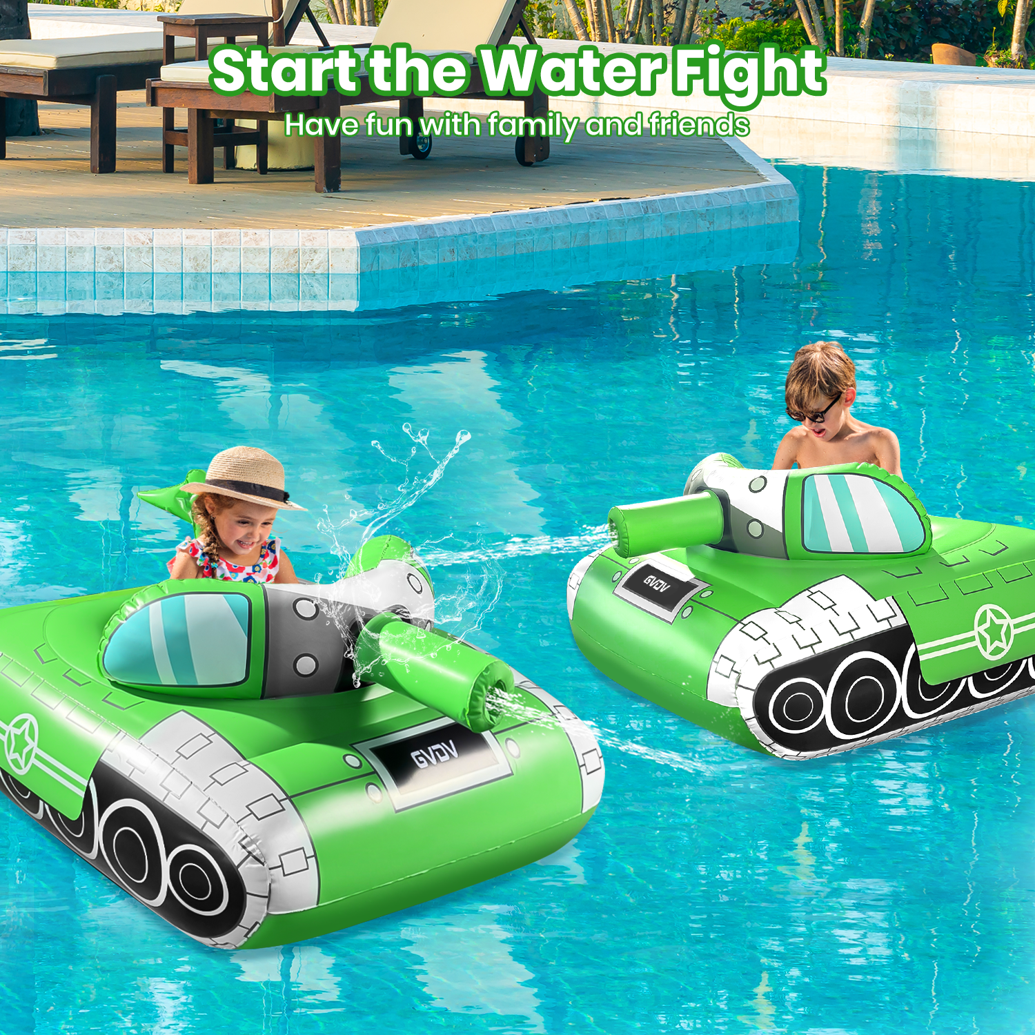 GVDV Inflatable Tank Pool Float for Adults & Kids, 61" x 44" Ride-On Float with Water Squirt Guns, Ideal for Summer Beach & Pool Party Water Battle Games