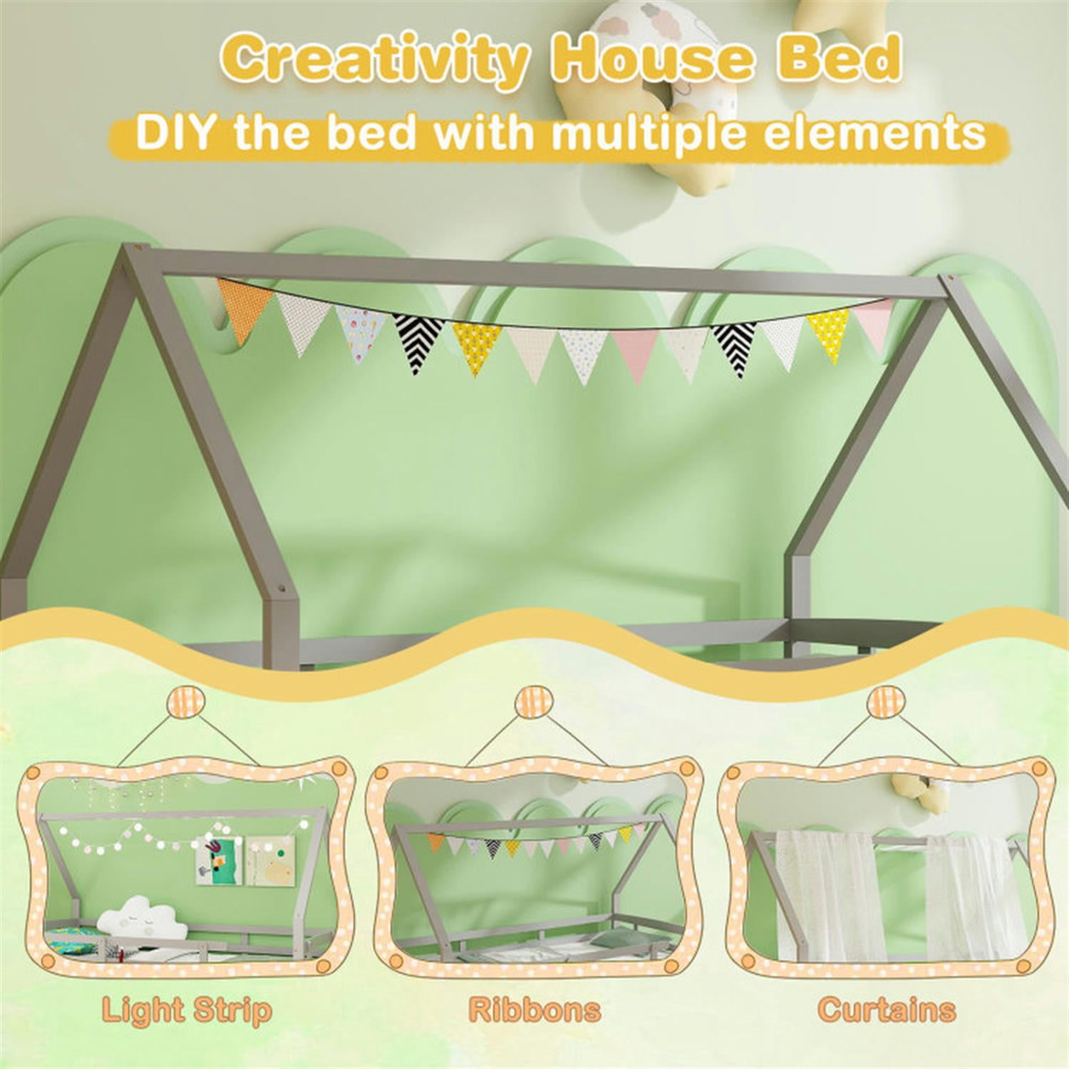 Demi Bonn Twin House Bed Frames with Trundle and Fence Rail, Modern Platform Bed Frames for Teens, Gray