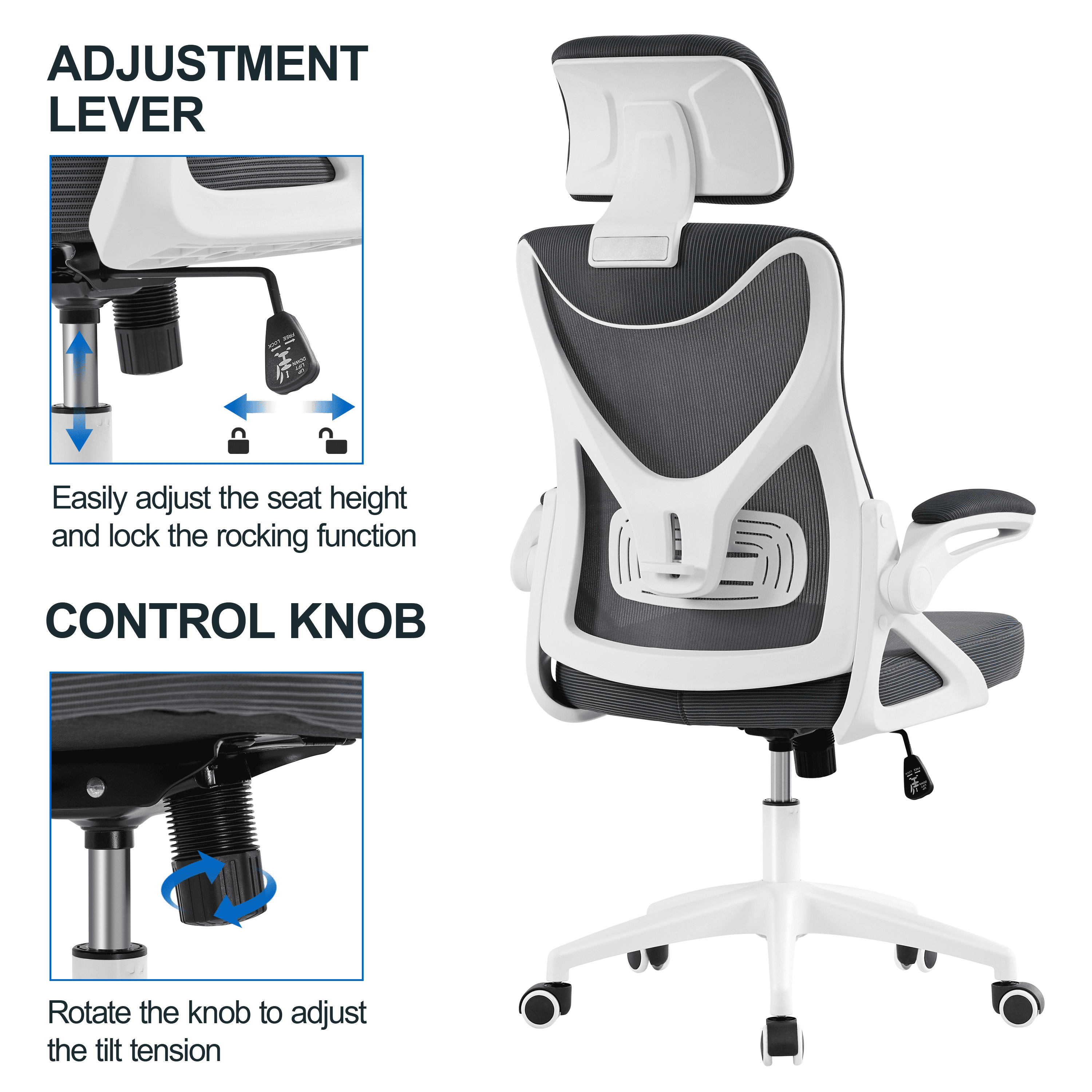 Alden Design High Back Ergonomic Mesh Office Chair with Adjustable Padded Headrest, White/Gray