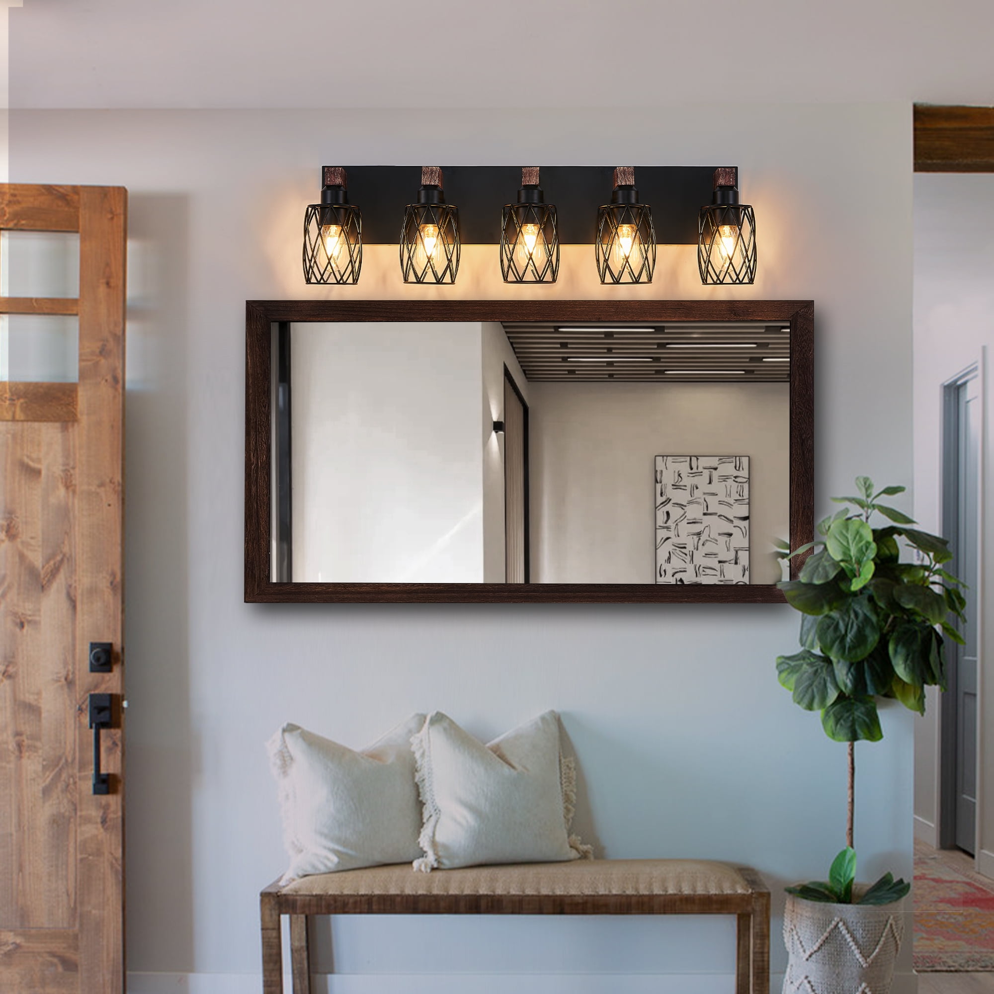 Miniyam 31 in. W 5 Lights Vanity Light Industrial Walnut Black Wall Sconce Black Cage Lighting Fixture for Bathroom Over Mirror, E26, No Bulbs Included